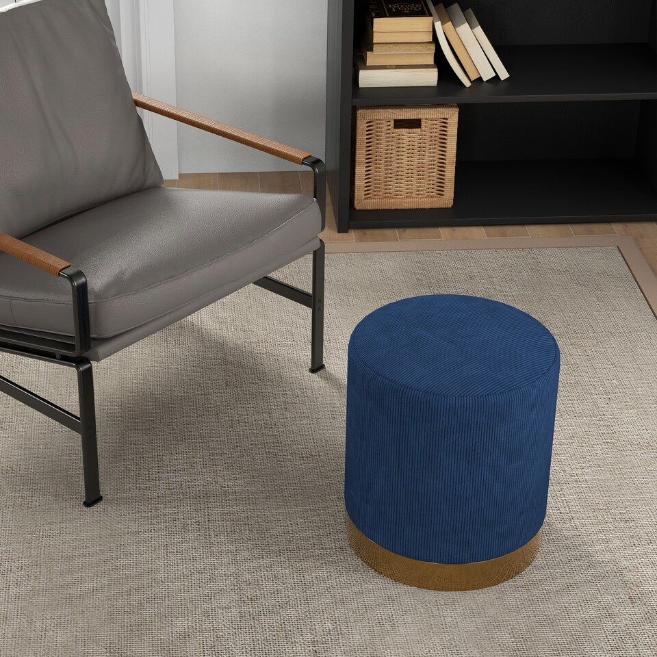 image 1 of HOMCOM Modern Round Footstool, Corduroy Fabric Upholstered Foot Stool with Padded Seat for Living Room, Entryway, Dark Blue