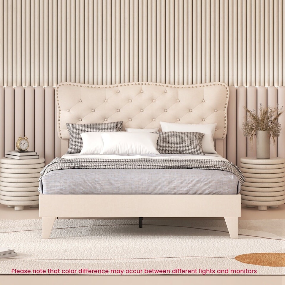 image 1 of COSTWAY Double Linen Upholstered Platform Bed Frame Cream