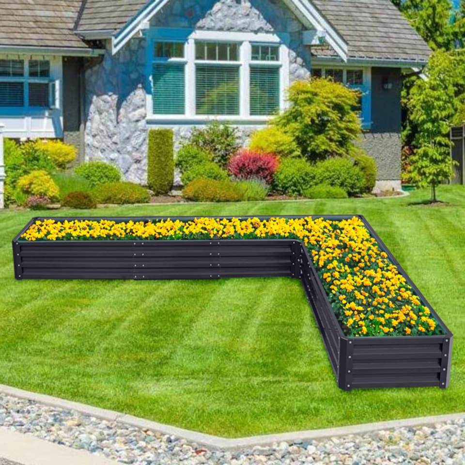 image 1 of Living and Home L-Shaped Galvanized Steel Raised Garden Bed, Black | Black | L207 x W277 x H30 (cm)