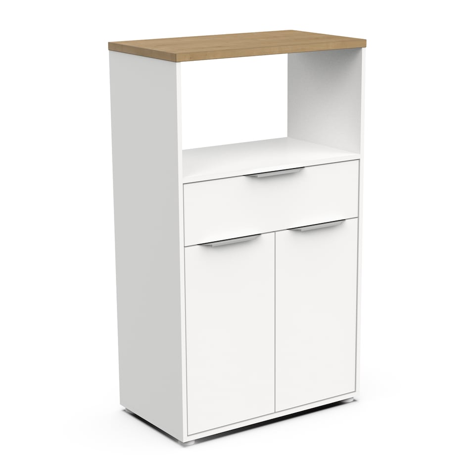 image 1 of FURNICOMP Luna Tall Freestanding Kitchen Pantry Cupboard with Microwave Shelf - Matt White & Hamilton Oak