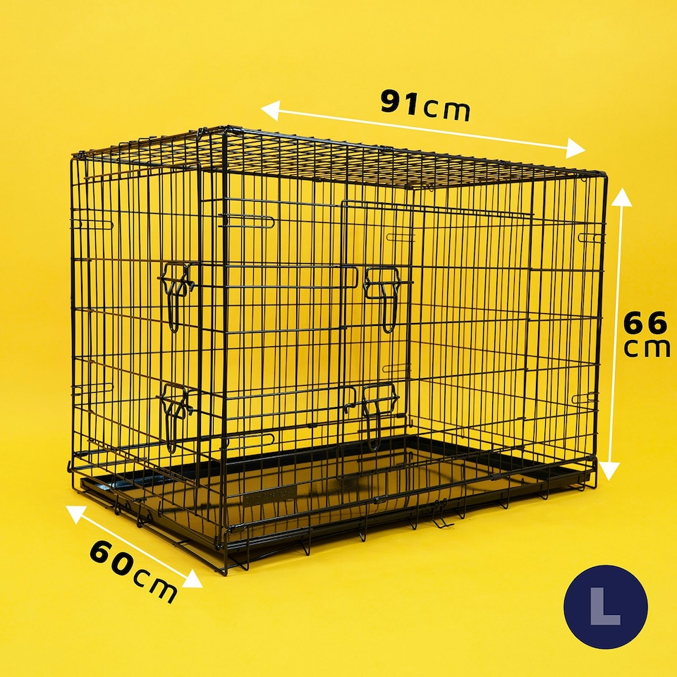 image 1 of DogCrates+ 36-Inch Large Dog Crate with Twin Doors, Foldable Non-Chew Metal Frame & Removable Tray – Black Black | L
