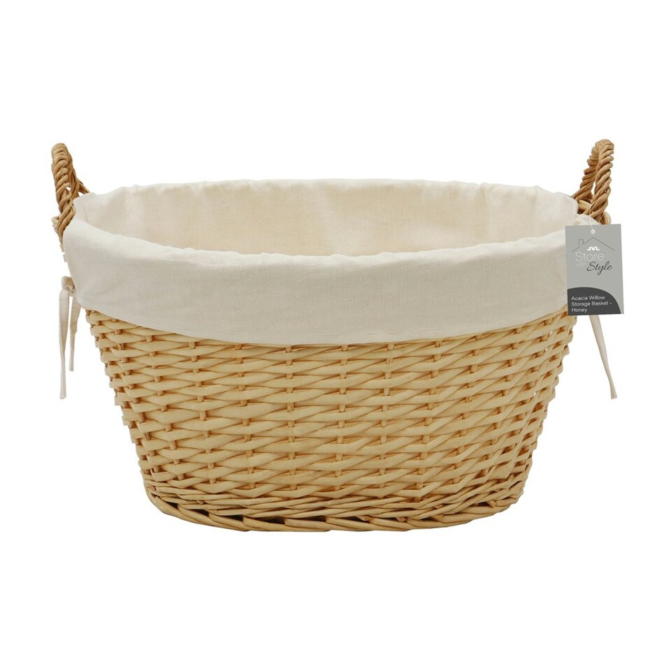 image 1 of JVL Hand Woven Acacia Oval Laundry Willow Storage Basket with Lining, Honey Finish Brown