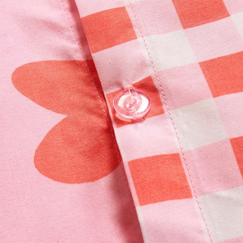 image 1 of OHS Gingham Hearts Reversible Print Duvet Cover and Pillowcase Set, Single - Coral/Pink