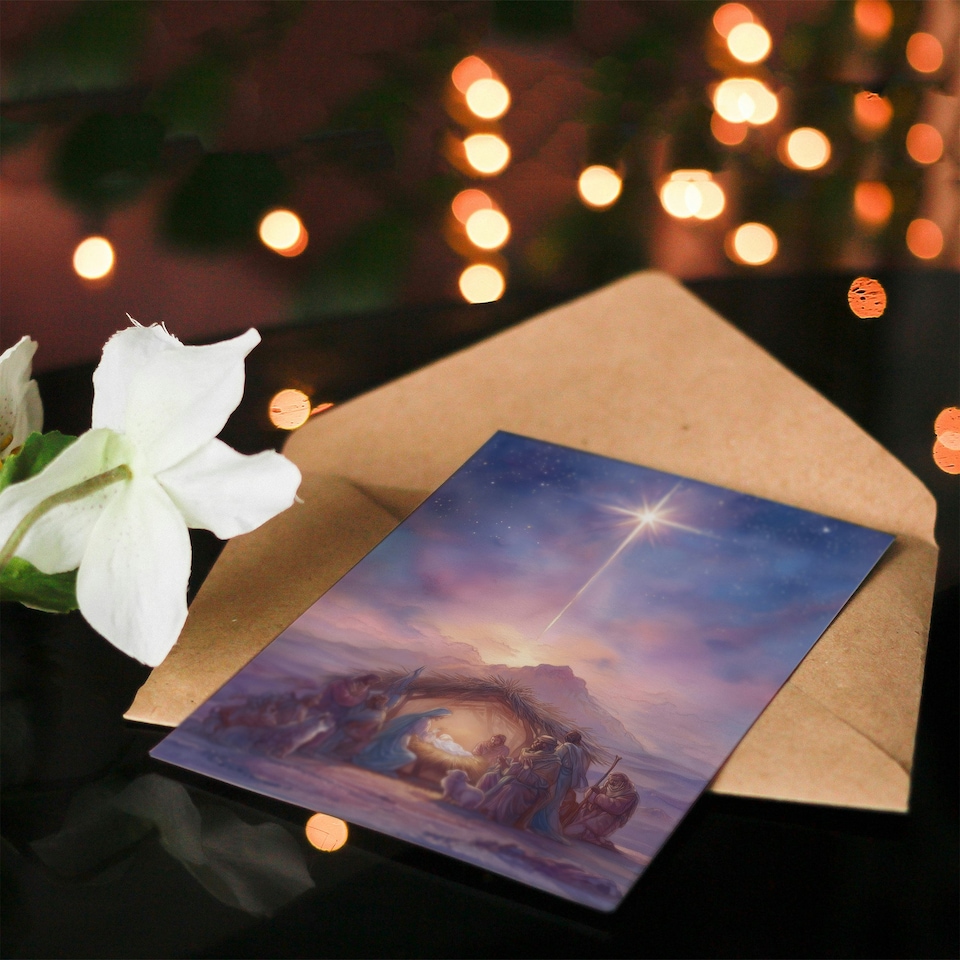 image 1 of Christmas Card Watercolour Nativity Scene with Star of Bethlehem