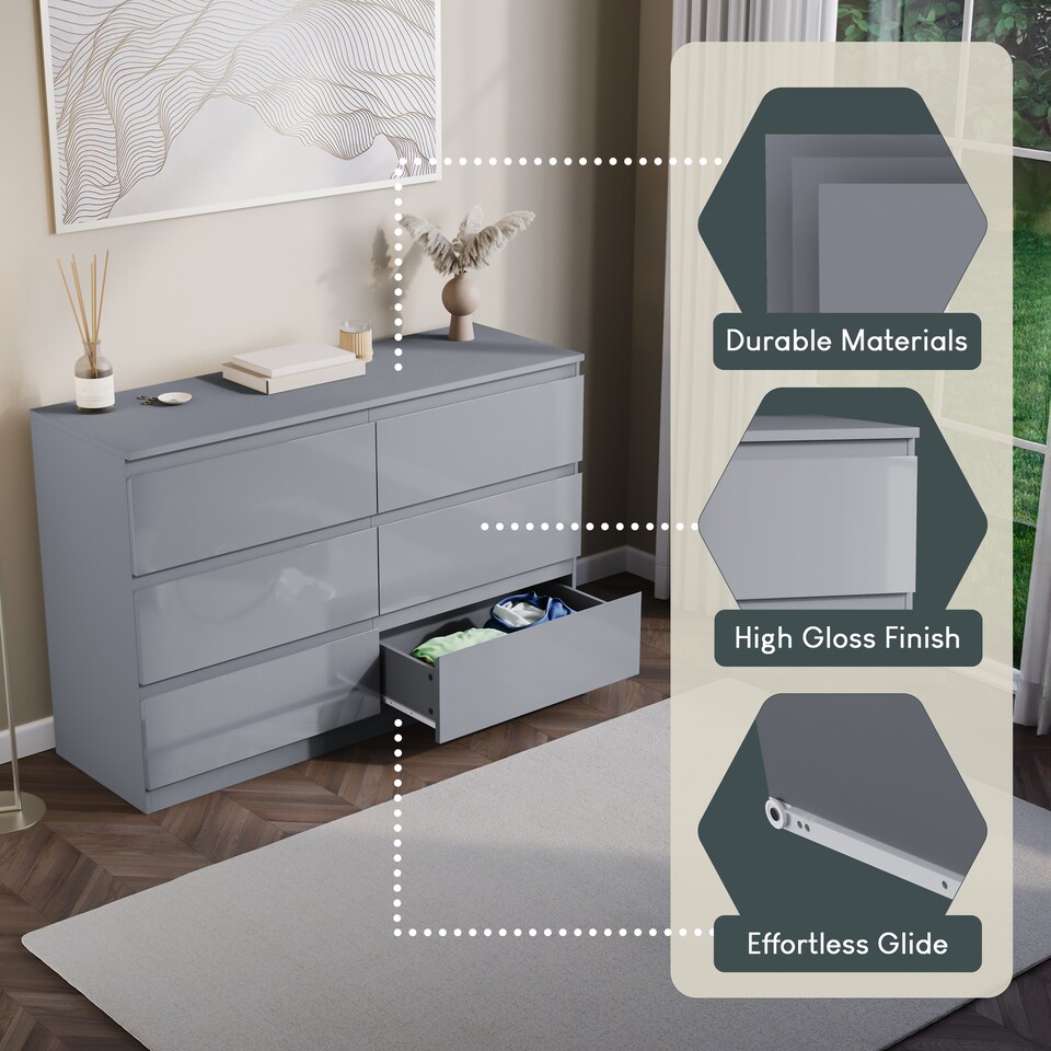 image 1 of Vida Designs Glinton 6 Drawer Chest of Drawers Bedroom Storage, 100% FSC, Grey