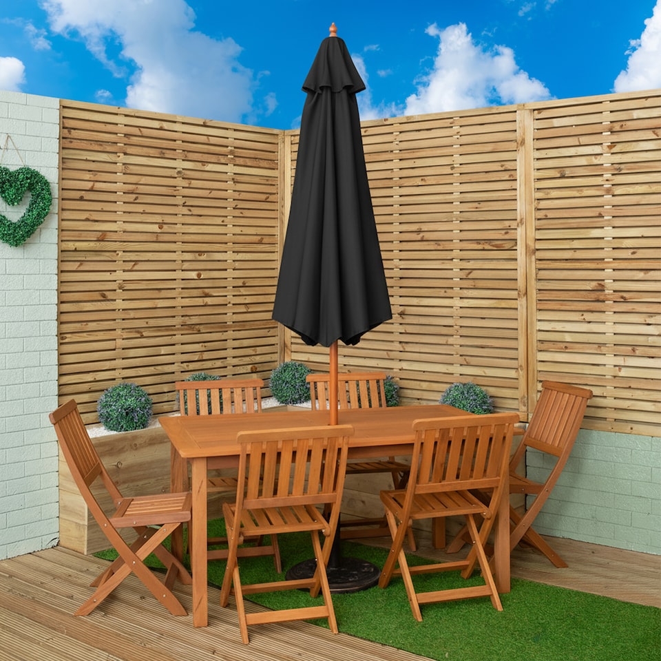 image 1 of Outdoor 6 Person Rectangular Wooden Garden Patio Dining Table Chairs with Black Parasol and Base Set