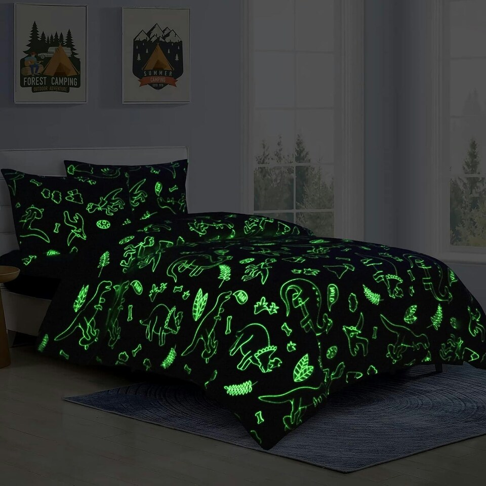image 1 of Homes-Linen Teddy Duvet Set Dinosaur Glow In The Dark Blue Kids Boys Girls Reversible Soft Feel Fleece Duvet Cover Quilt Bedding Set with Pillowcase Blue | Single