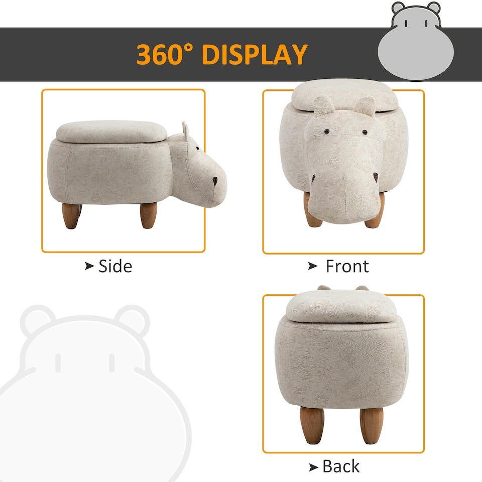 image 1 of HOMCOM Hippo Storage Stool Cute Decoration Footrest Wood Frame Legs Cream