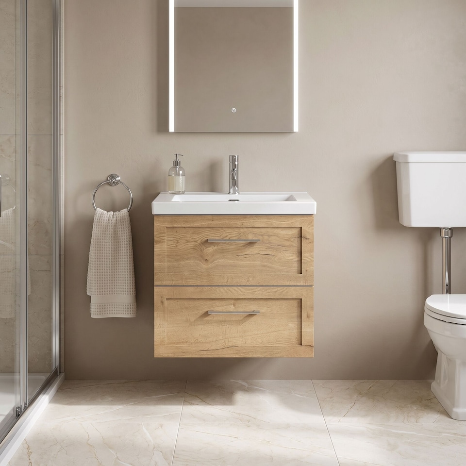 image 1 of Balterley Stonnall Traditional Wall Hung 2 Drawers Vanity Unit with 1 Tap Hole Fireclay Basin, 600mm, Autumn Oak