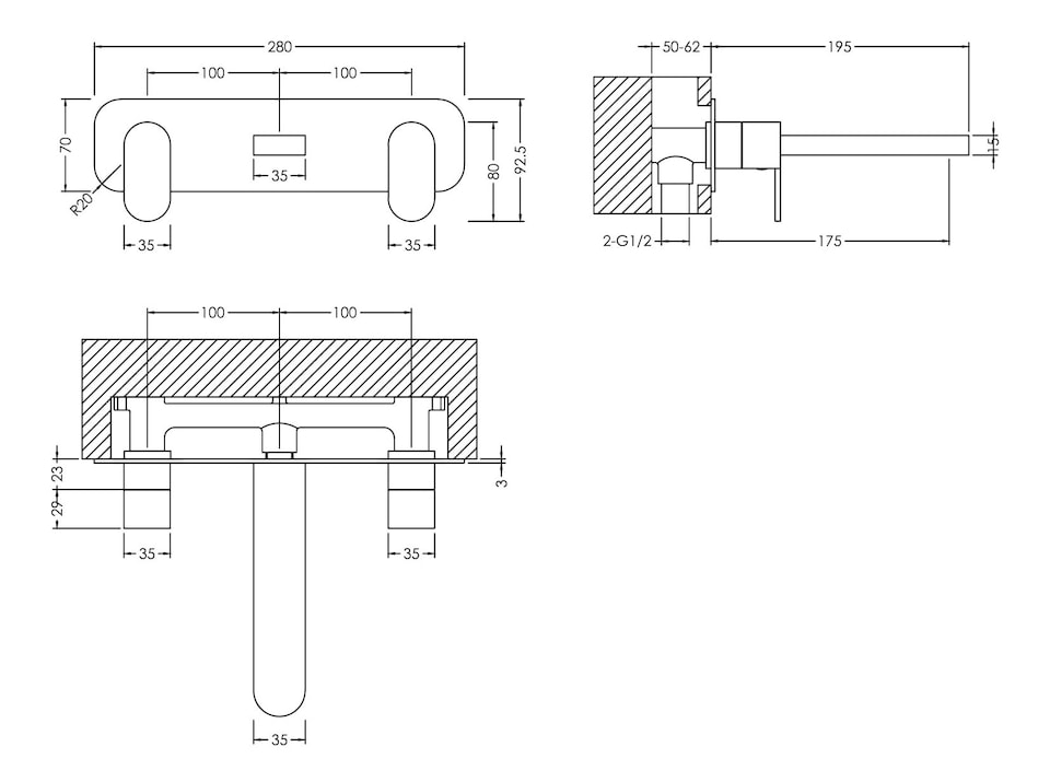 image 1 of Current Round Wall Mount 3 Tap Hole Basin Mixer Tap, Back Plate Chrome