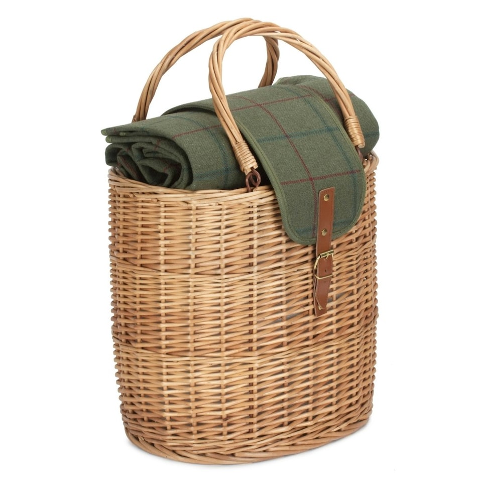 image 1 of Wicker Oval Green Tweed Fitted Cool Bag Drinks Picnic Basket