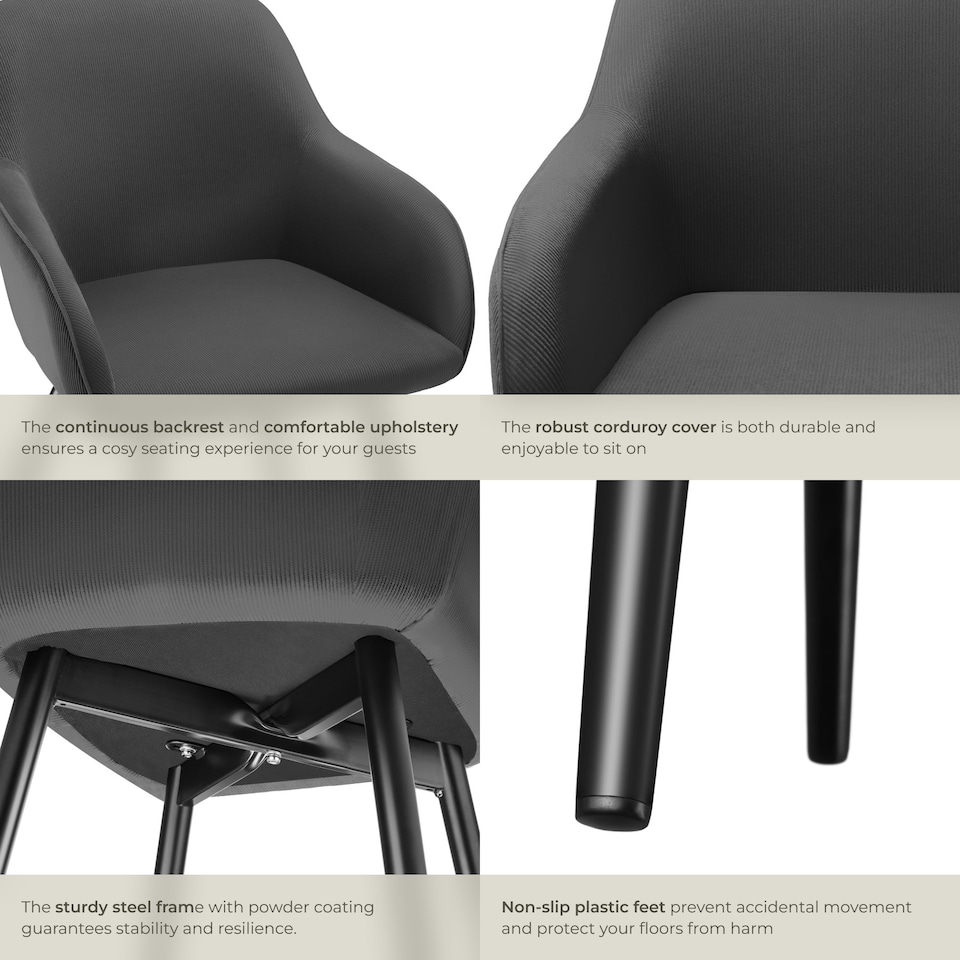 image 1 of Dining Chair Marilyn - corduroy look, upholstered, armchair, continuous backrest - Set of 4 Grey | Anthracite/Black