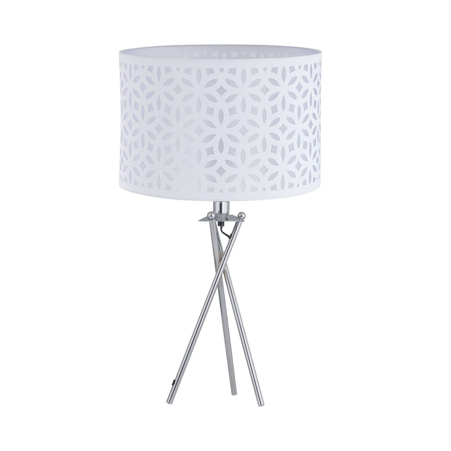 First Choice Lighting Chrome Tripod Table Lamp with White Laser Cut Shade in Silver