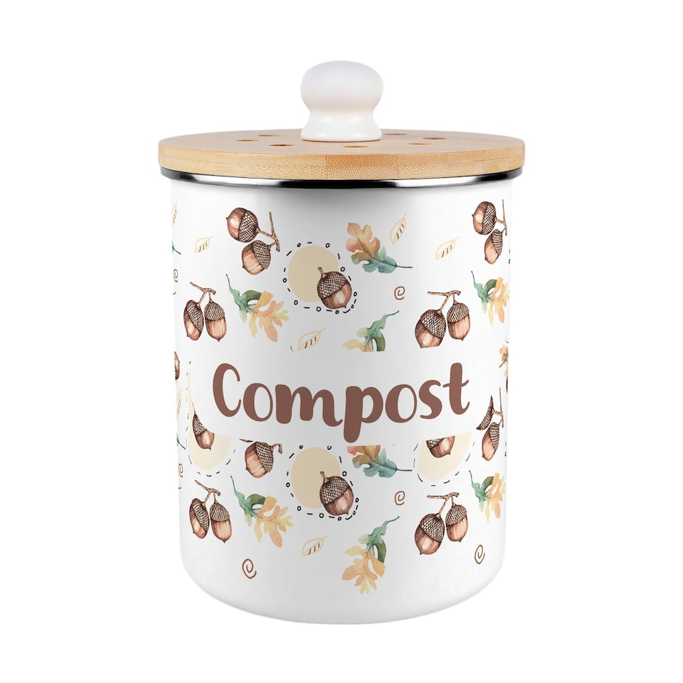 image 1 of Acorns & Oak Leaves Compost Caddy - Metal 2L Decorative Kitchen Food Waste Bin