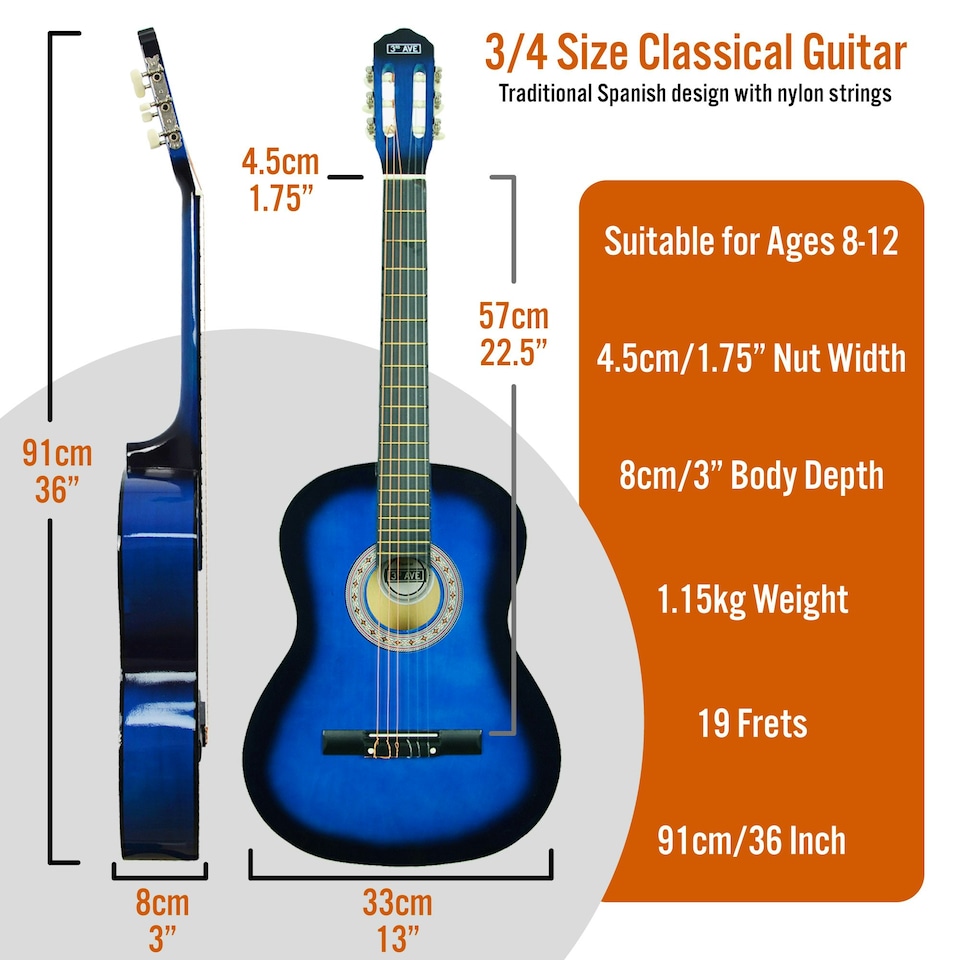 image 1 of 3rd Avenue 3/4 Size Classical Guitar Pack Blue