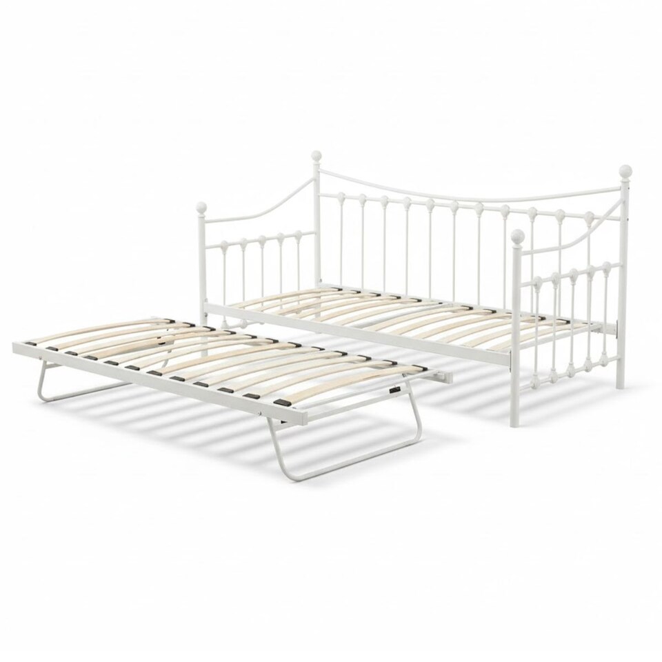image 1 of Daybed With Pull Out Trundle White 3ft Single Bed with 1 Mattress Metal Guest Room Bedroom Living Room
