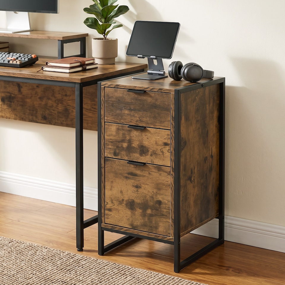 image 1 of HOMCOM Industrial 3-Drawer Bedroom Chest of Drawers with Metal Frame, Brown