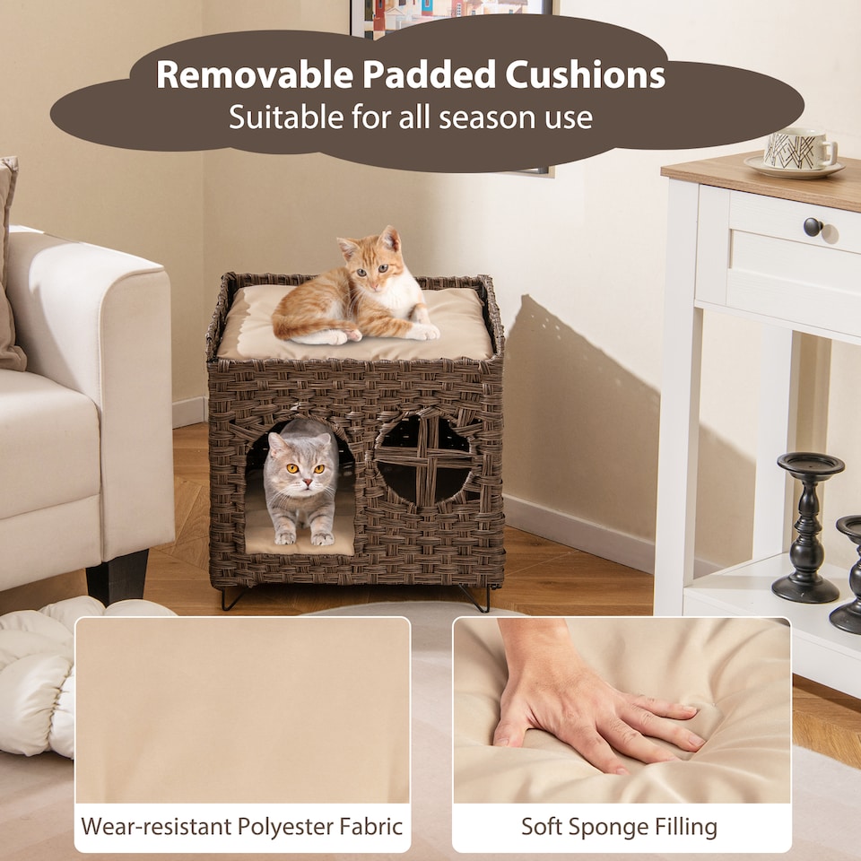 image 1 of COSTWAY Foldable 2-tier Rattan Cat House Wicker Kitten Condo With  Elevated Perch