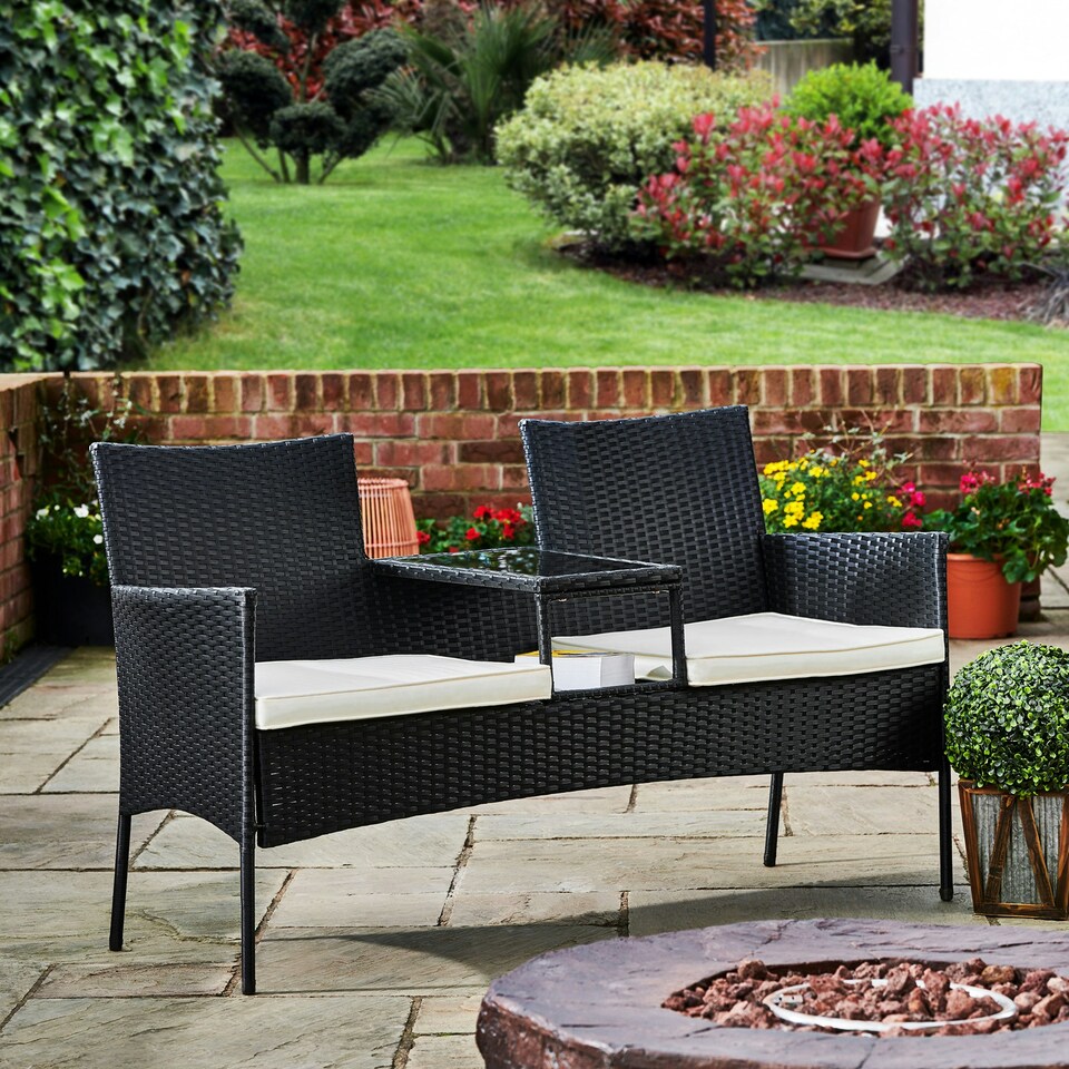 image 1 of Teamson Home Outdoor Patio Garden Furniture, Rattan Wicker Loveseat Bench