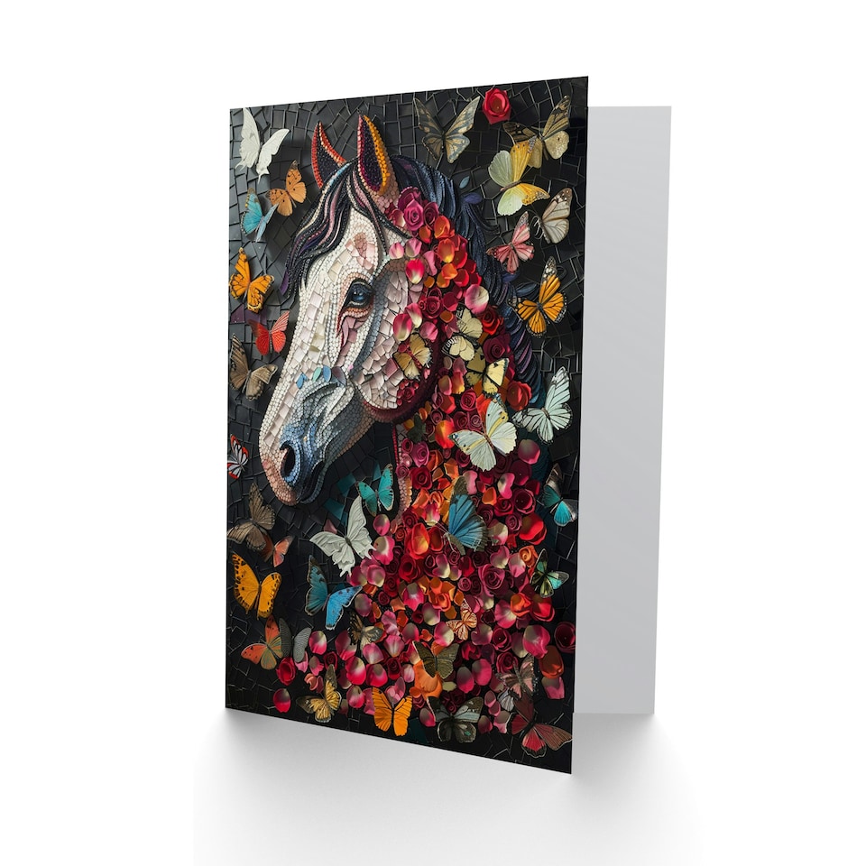 image 1 of Butterflies Horse Mosaic Nature Floral Portrait Child Kids Birthday Card