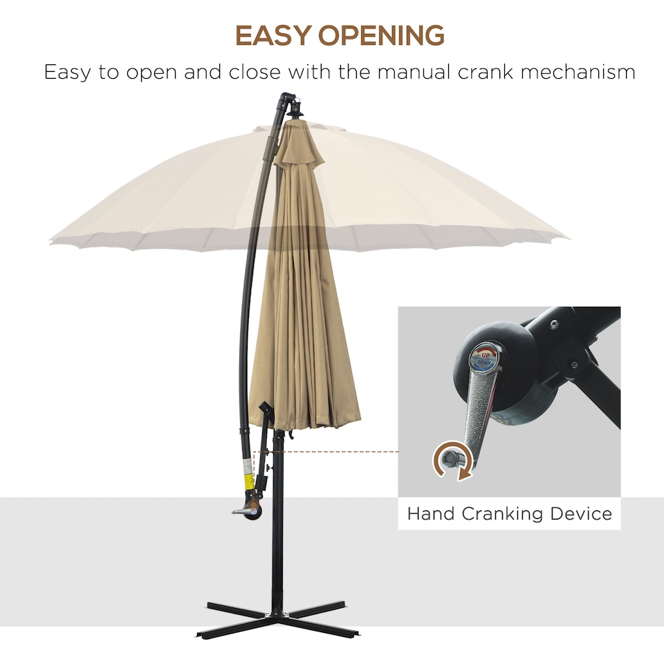 image 1 of Outsunny 3m Cantilever Shanghai Parasol Garden Hanging Banana Sun Umbrella with Crank Handle, 18 Sturdy Ribs and Cross Base, Beige
