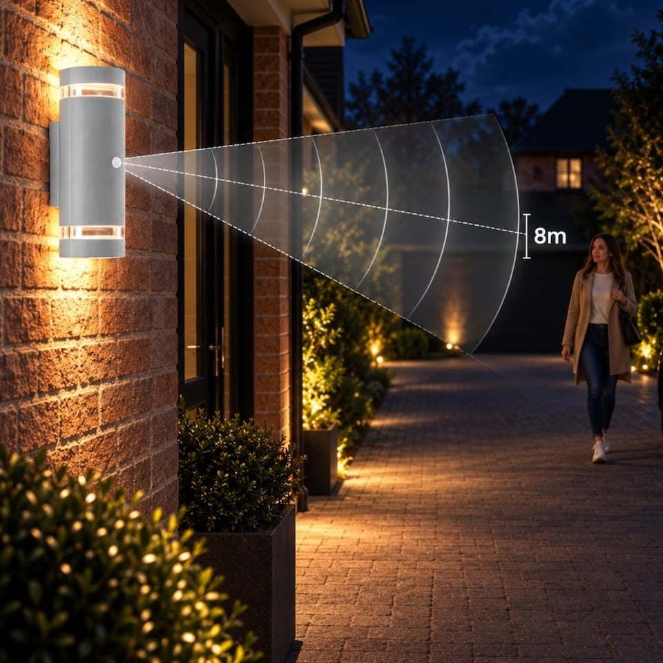 image 1 of Auraglow PIR Motion Sensor Double Up & Down Wall Light - FLORENCE | Black | Black/Cool White