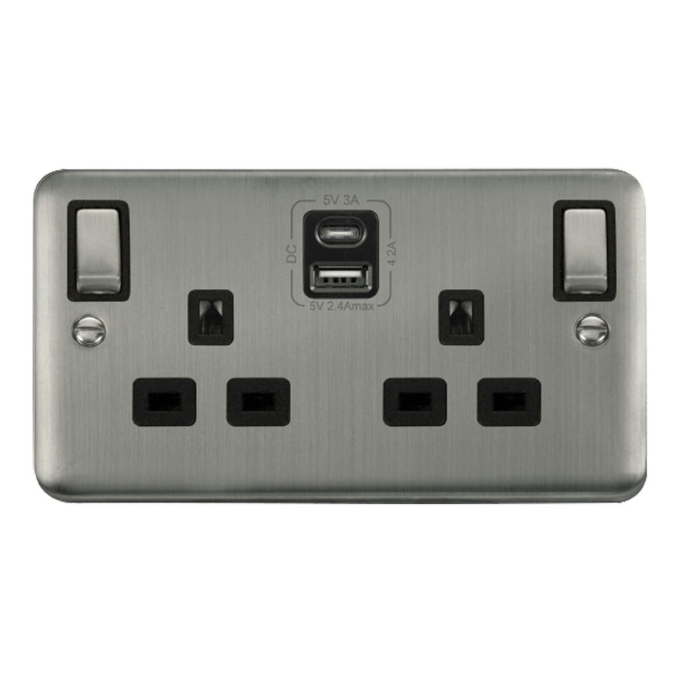 SE HOME Curved Stainless Steel 2 Gang 13A DP Ingot Type A & C USB Twin Double Switched Plug Socket Black | Stainless Steel