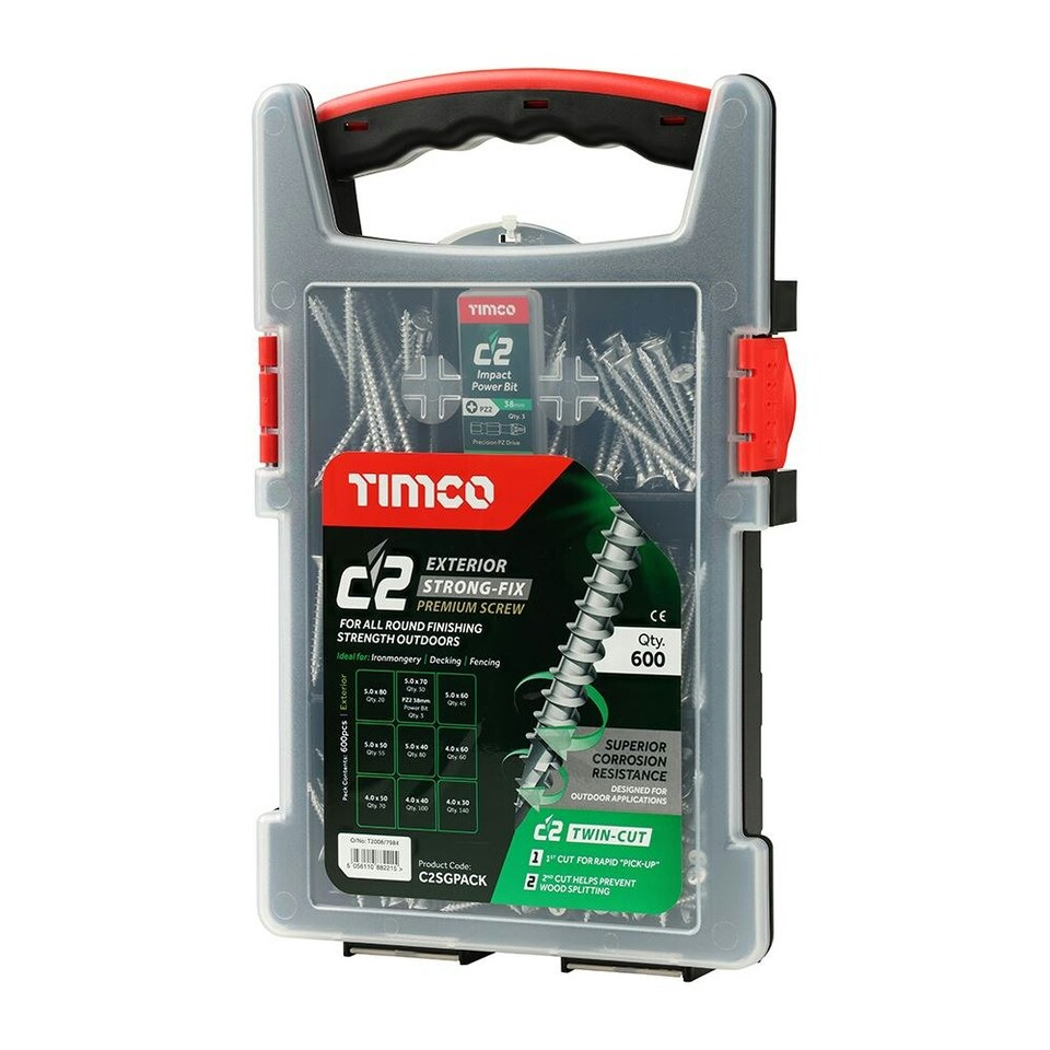 image 1 of Timco - C2 Strong-Fix Exterior Multi-Purpose Premium Screws - Mixed Grab Pack - PZ - Double Countersunk - Silver (Size 600pcs - 600 Pieces)