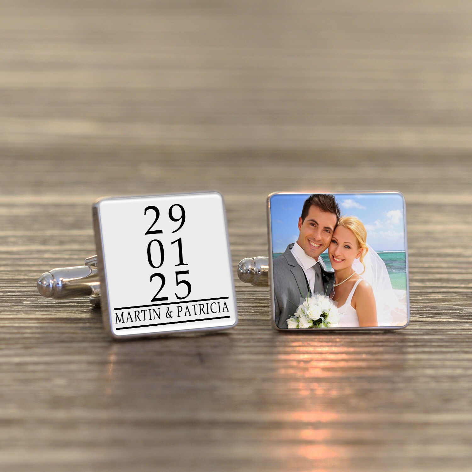 Personalised Special Date Message Photo Upload Silver Finish Cufflinks Wedding