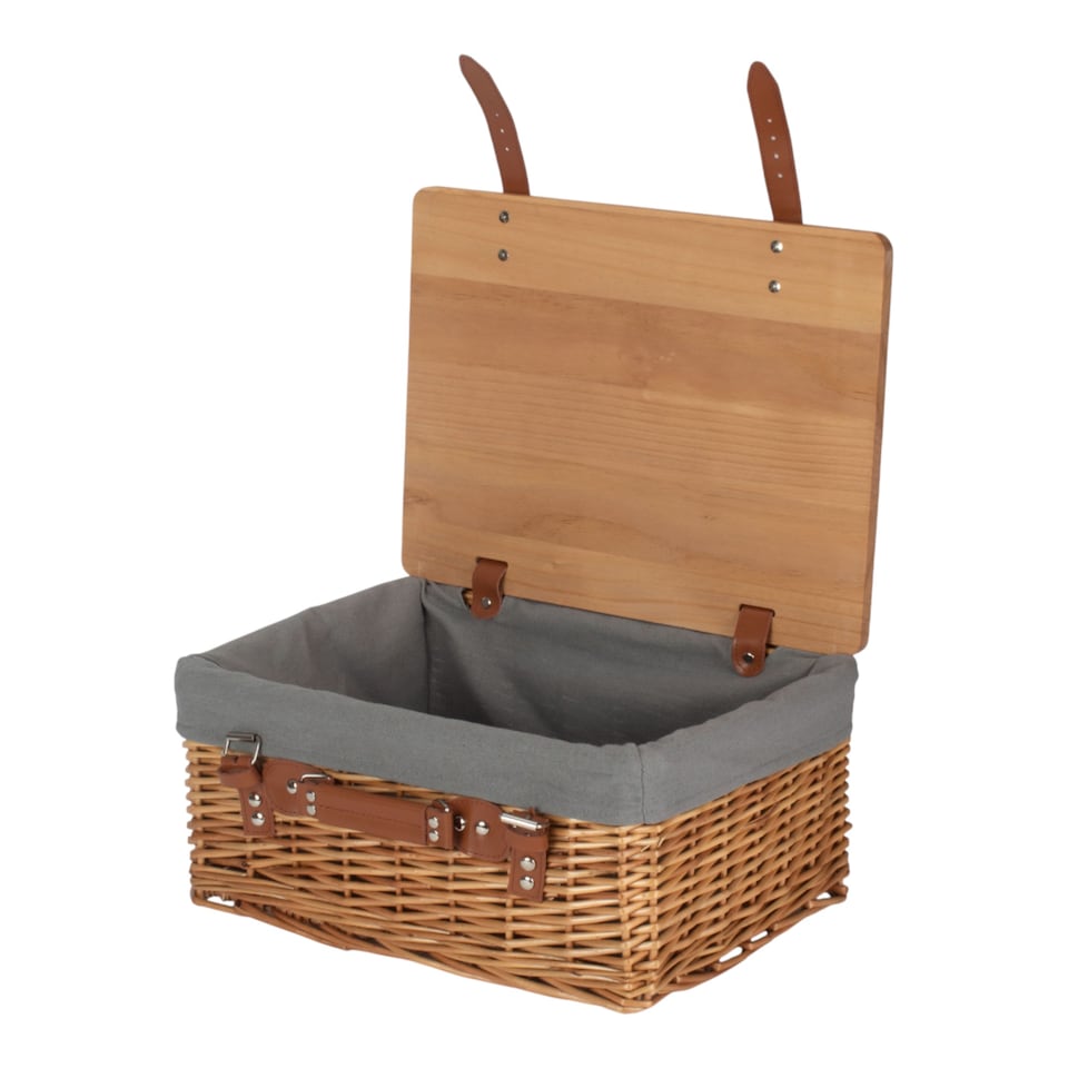 image 1 of 36cm Double Steamed Grey Lined Willow Empty Picnic Basket with Pinewood Lid | Brown | Brown | S | 1