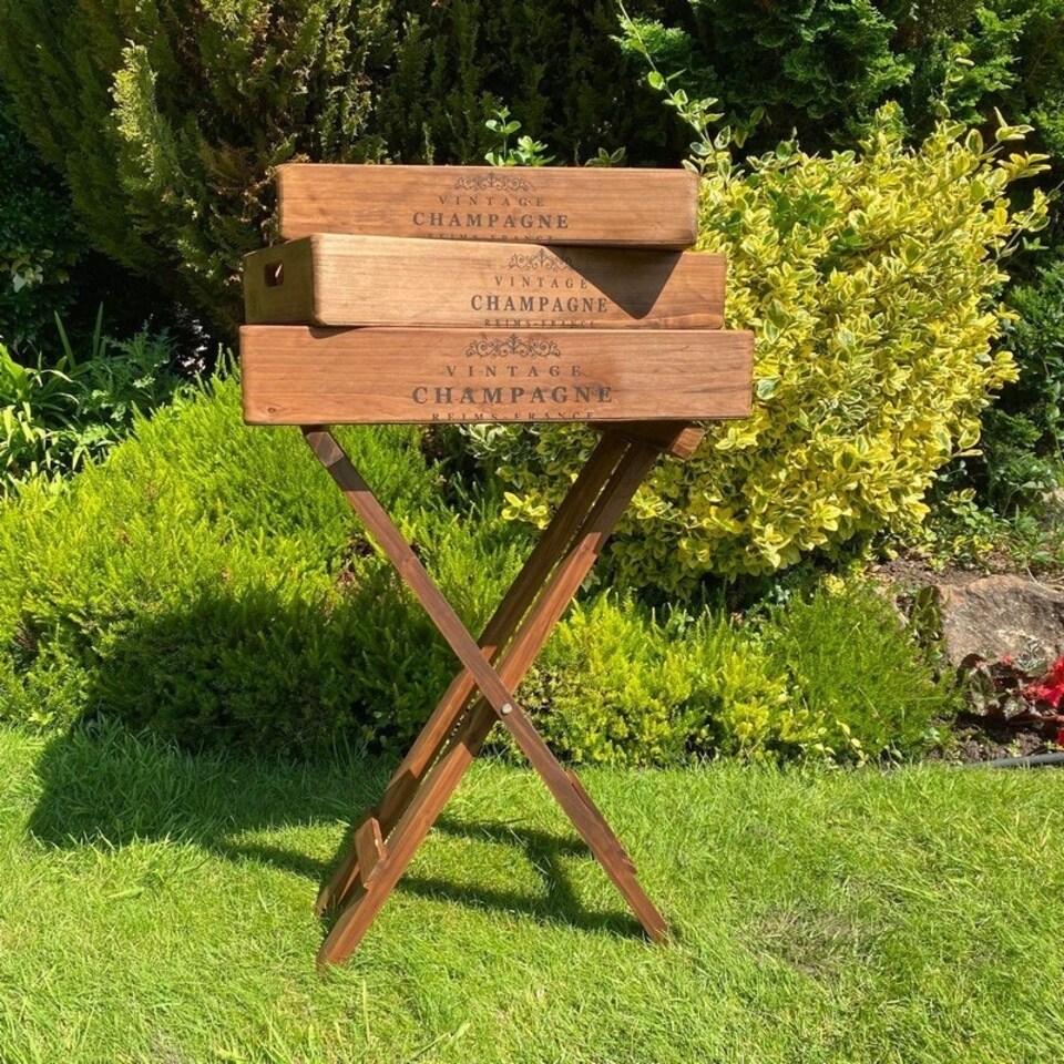 image 1 of Decorative Foldable Stand with "Vintage Champagne" Serving Trays (Set of 3) - Wood Brown