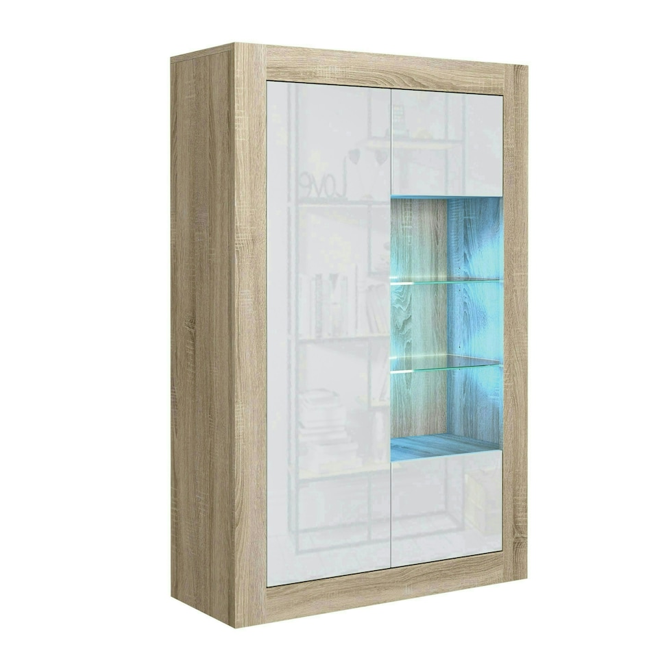 image 1 of Display Cabinet 93cm White Gloss Doors Oak Matt Body Free LED | Multi | Oak