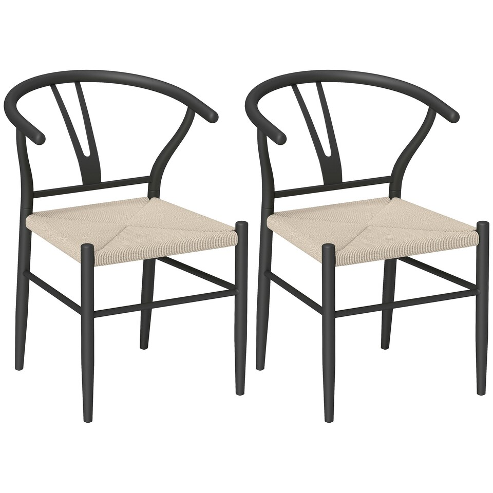 image 1 of HOMCOM Weave Dining Chairs Set of 2 with Y-Shaped Backrest Hemp Seat Black Black
