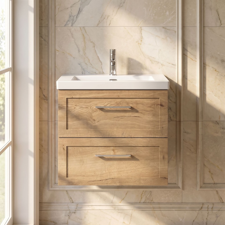 image 1 of Balterley Stonnall Traditional Wall Hung 2 Drawers Vanity Unit with 1 Tap Hole Fireclay Basin, 600mm, Autumn Oak