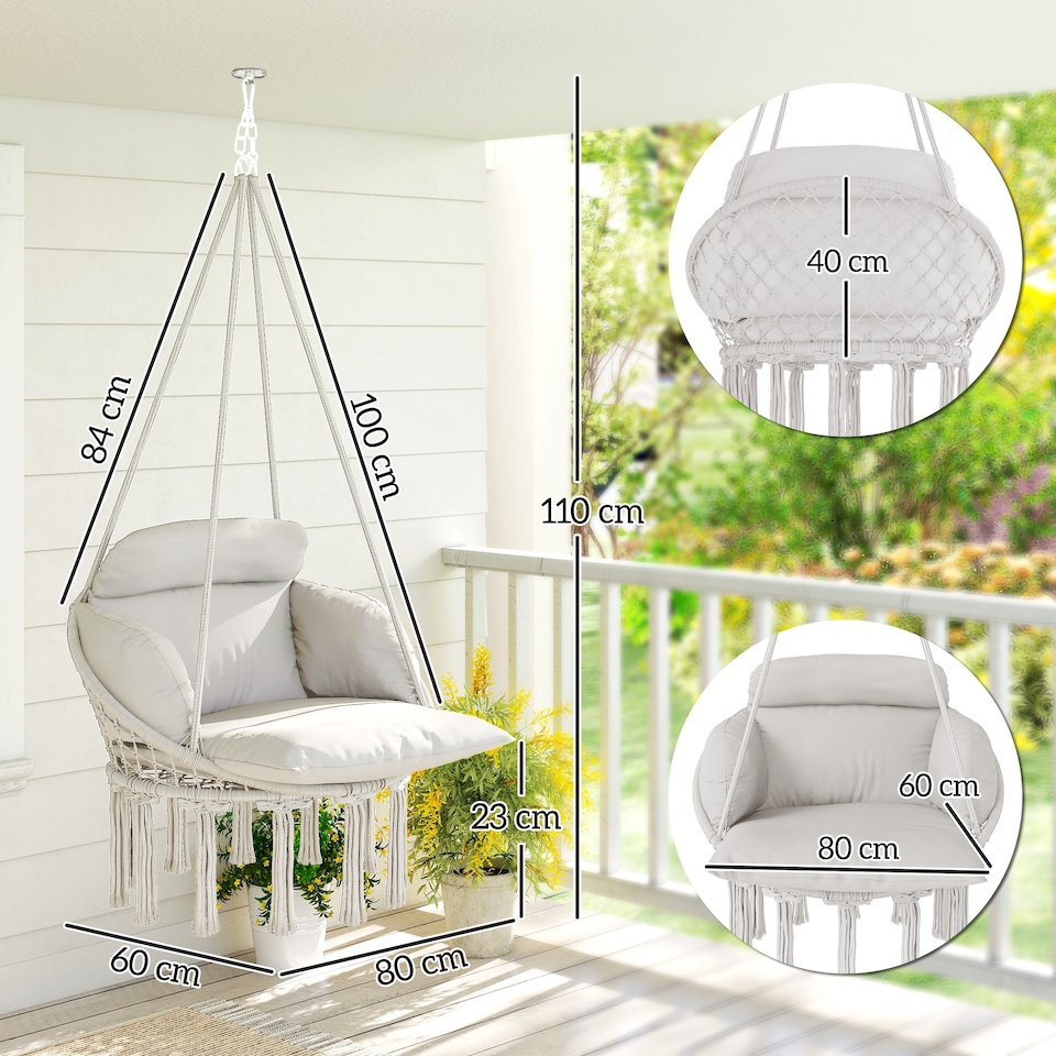 image 1 of Outsunny Hanging Chair Outdoor Hammock Chair with Soft Cushion, Cotton Rope Boho Style Swing Chair, Hanging Garden Swing Seat for Indoor Outdoor, Cream White | Cream | Cream