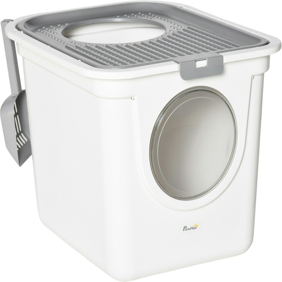 image 1 of PawHut Cat Litter Tray Pet Litter Box w/ Front Entrance, Top Exit, Scoop - White