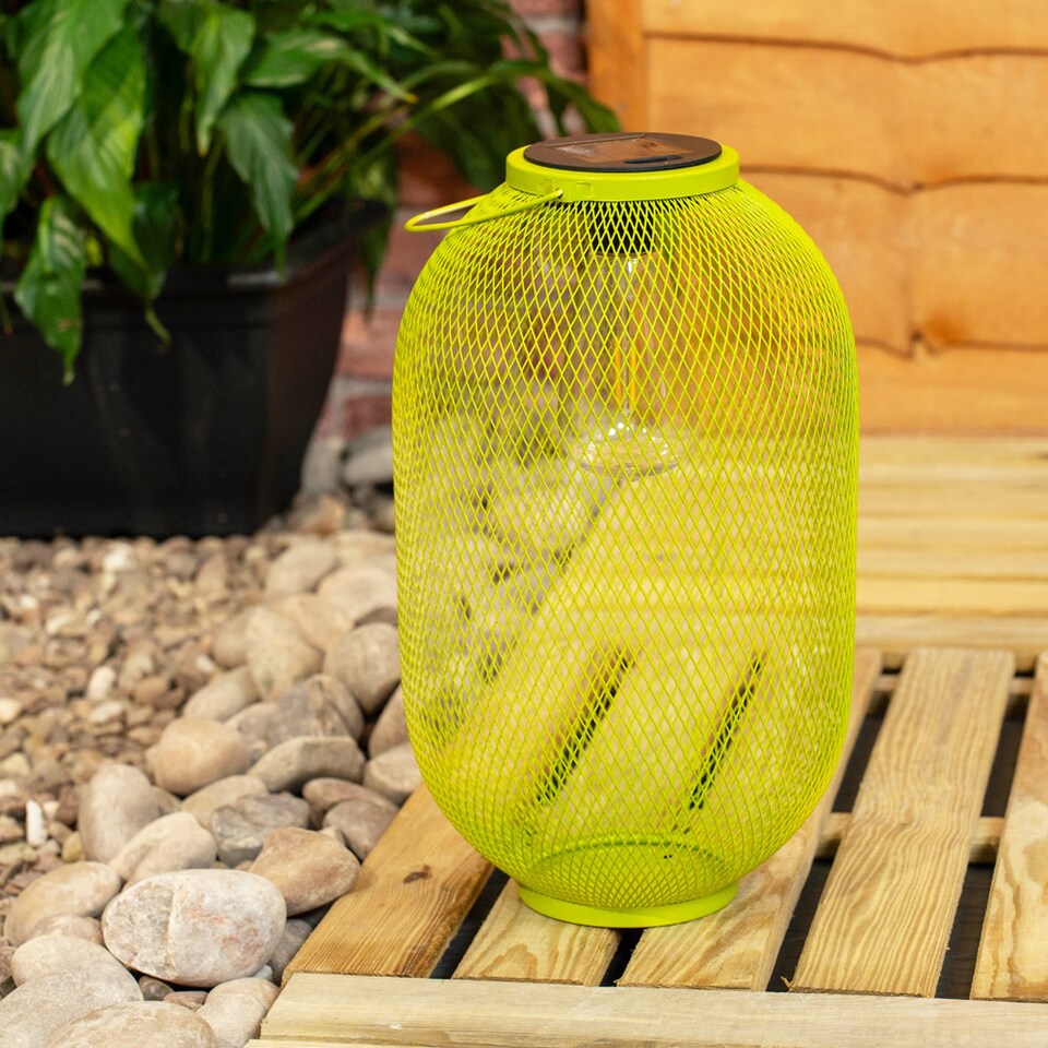 image 1 of ValueLights Solar Powered Outdoor Lime Green Metal Mesh Basket Garden Lantern Light