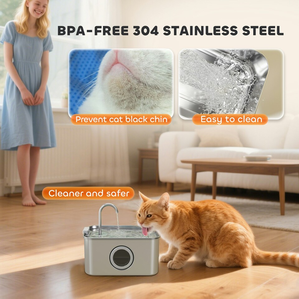 image 1 of PawHut 3.2L Cat Water Fountain for Drinking Stainless Steel Ultra-Silent Silver
