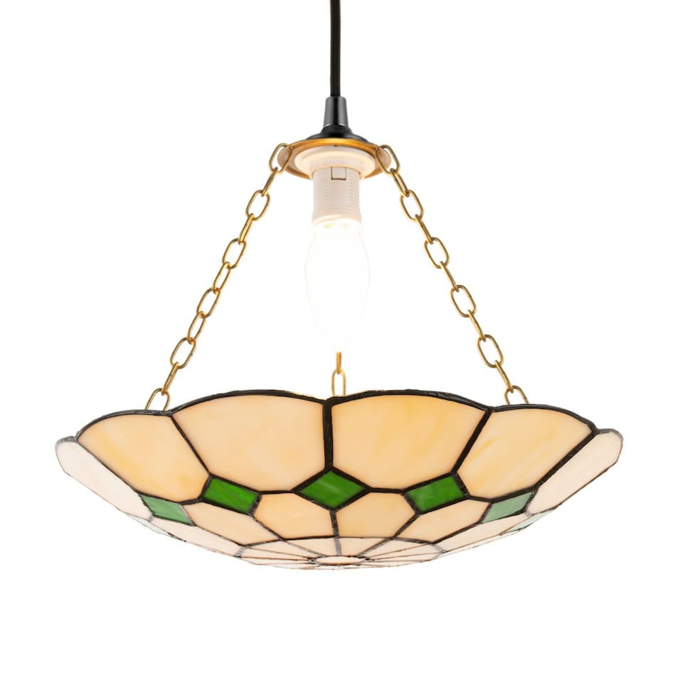 image 1 of Classic Amber Stained Glass Tiffany Pendant Lighting Shade with Green Diamonds | Green | Green | 1