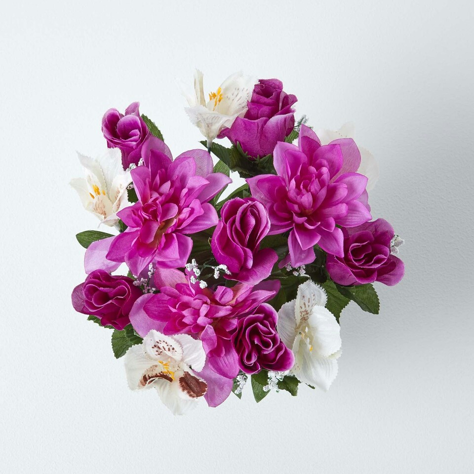 image 1 of Homescapes Set of 2 Purple, Orange & White Roses & Peonies Artificial Flowers in Grave Vases