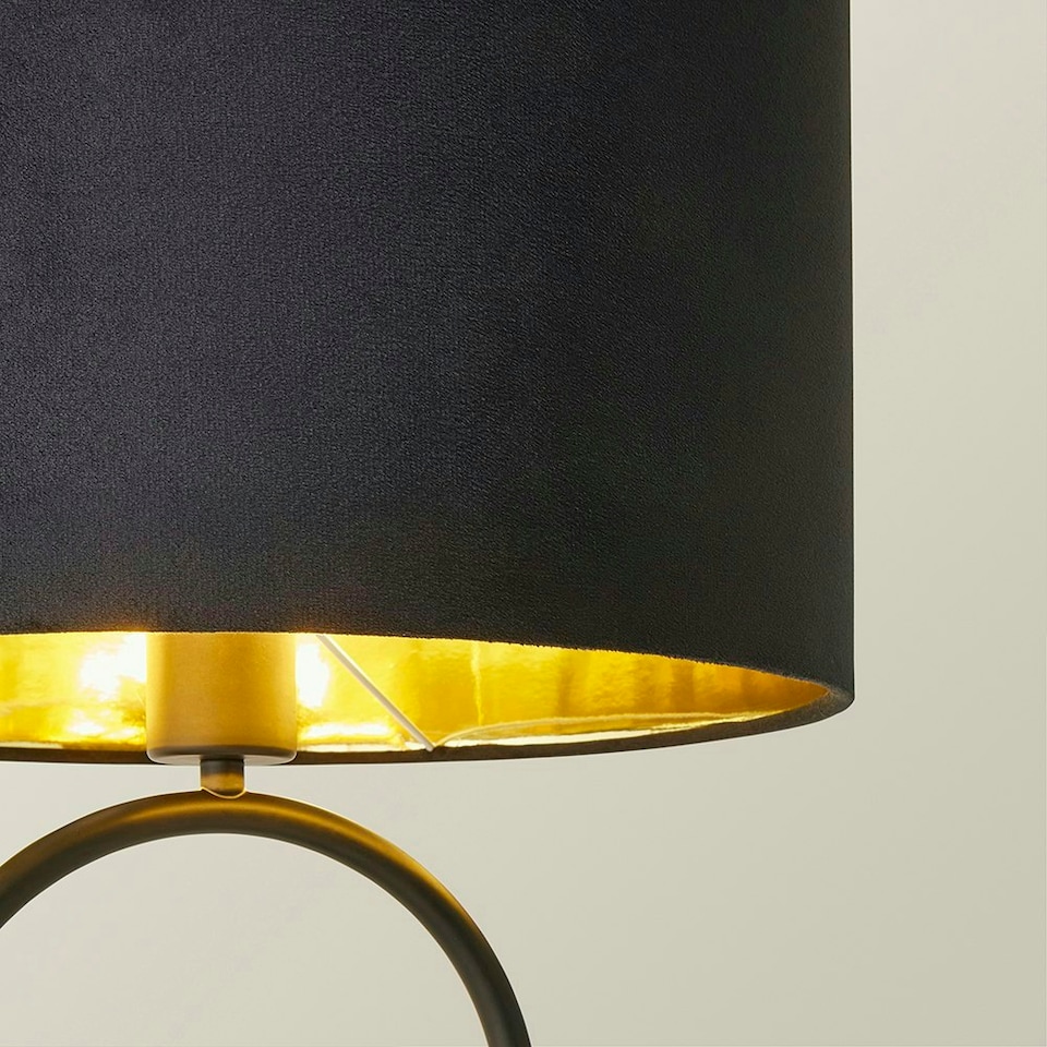 image 1 of ValueLights Antonia Black Velvet and Gold Drum Lamp Shade Matte Black Oval Table Lamp Black