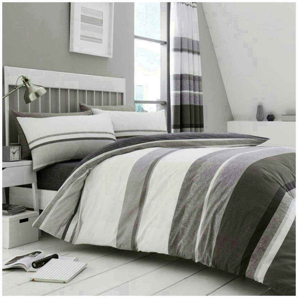 image 1 of VELVETIO Hudson Printed Duvet Cover Set Reversible Polycotton Easy Care Beddings Grey | Double