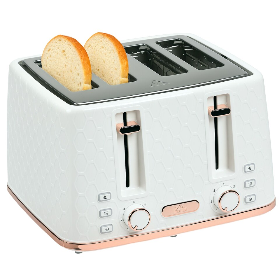 image 1 of HOMCOM Toaster with 4 Slot, 7 Browning Levels, 1600W, White Honeycomb White | Pink accents | 29.3L x 27.6W x 18.9H cm