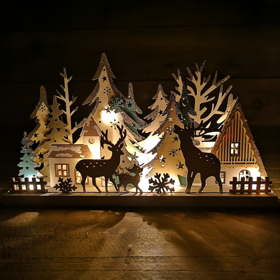 image 1 of 18cm Christmas Wooden Reindeer Scene Silhouette with 10 Warm White LEDs