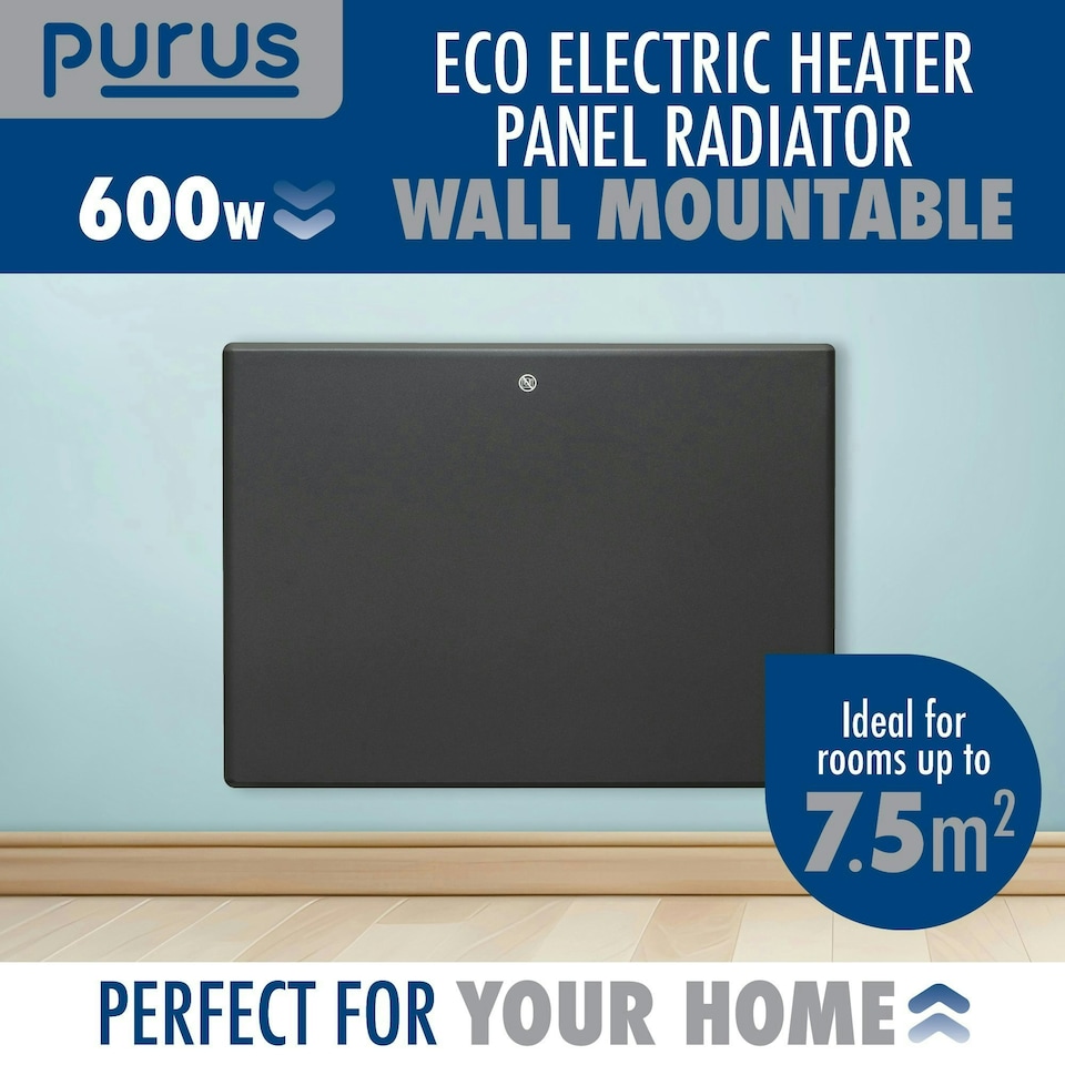 image 1 of Purus 600W Electric Panel Wall Radiator Heater Grey