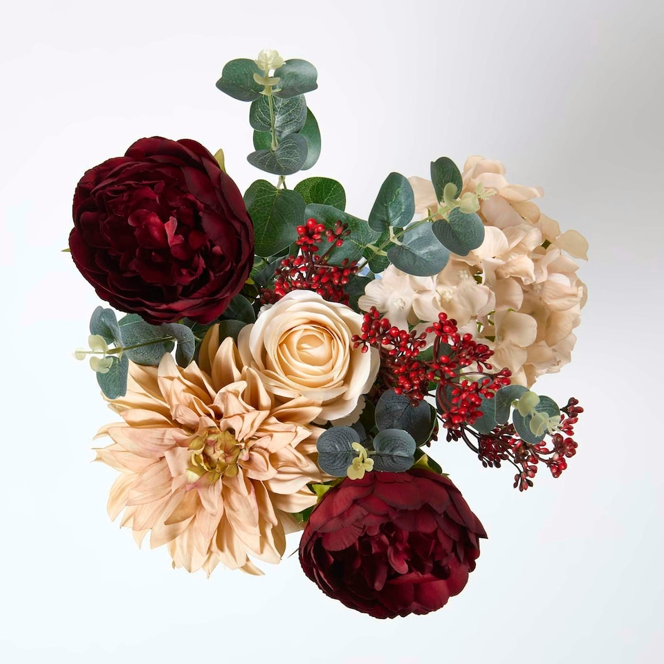 image 1 of Homescapes Artificial Burgundy Roses and Dahlias Bouquet, 67 cm