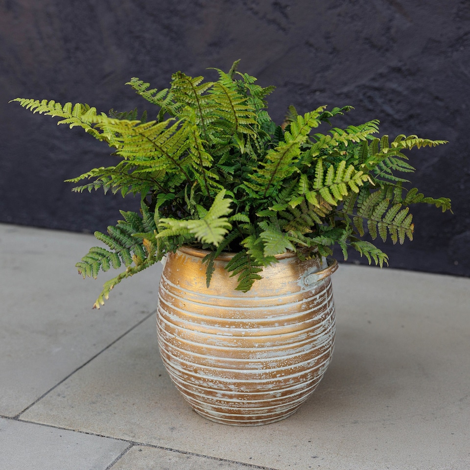 image 1 of Golden Decorative Metal Banded Rustic Aged Effect Planter 24cm | Gold | Gold
