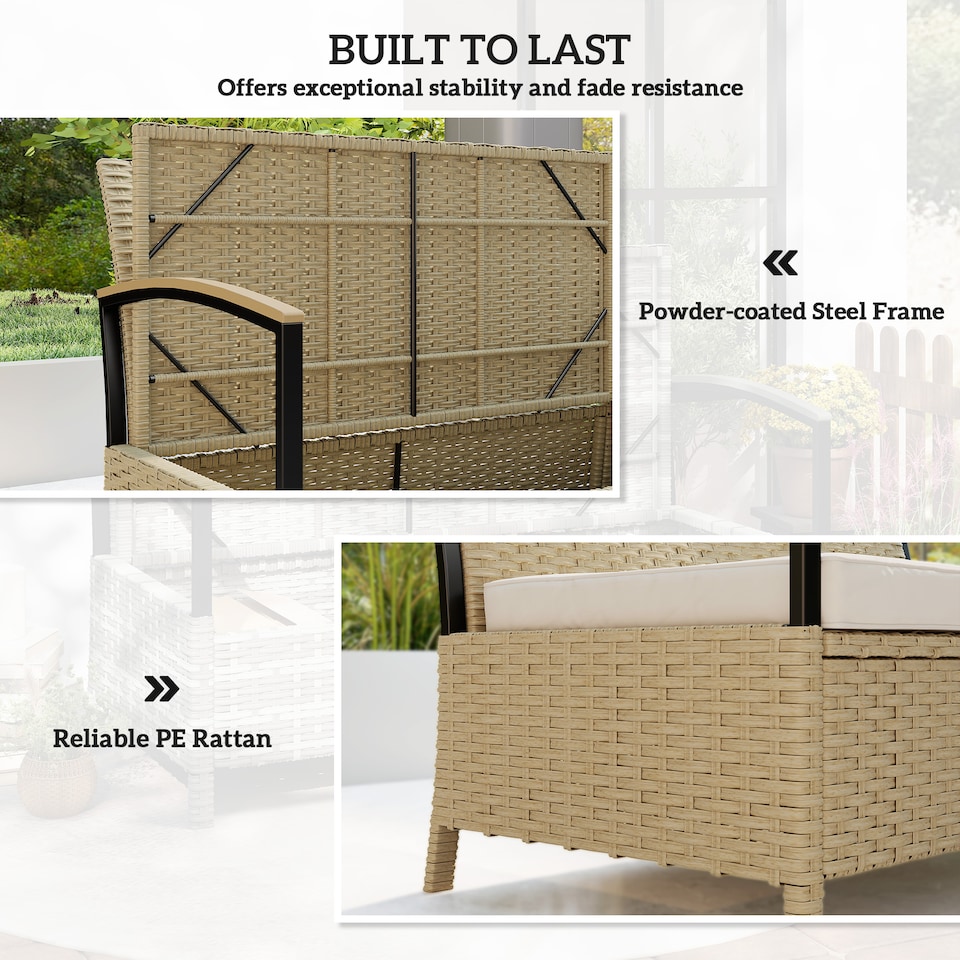 image 1 of Outsunny 125L Garden Storage Bench, 2 Seater PE Rattan Outdoor Bench | Brown | Khaki | Not provided
