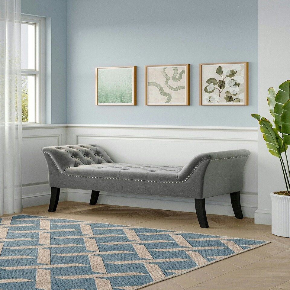 image 1 of Living and Home Contemporary Velvet Buttoned Bench with Black Wood Legs