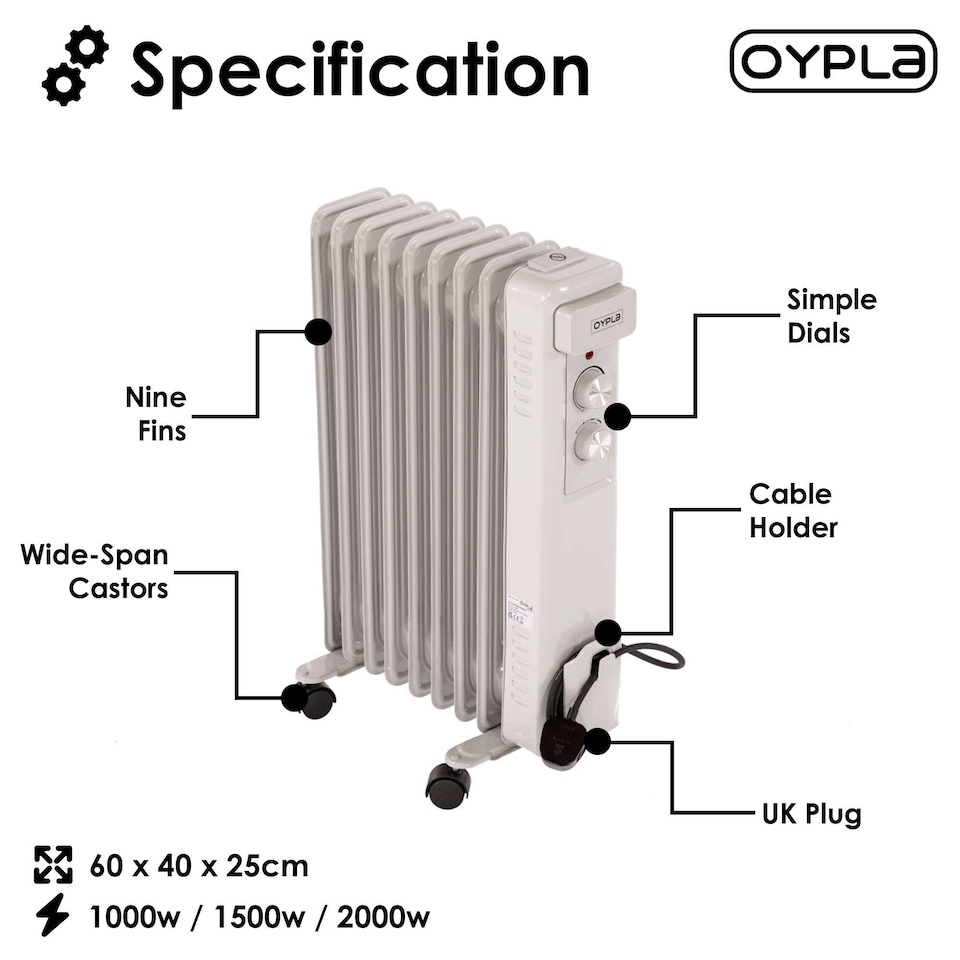 image 1 of 2000W 9 Fin Portable Oil Filled Radiator Electric Heater
